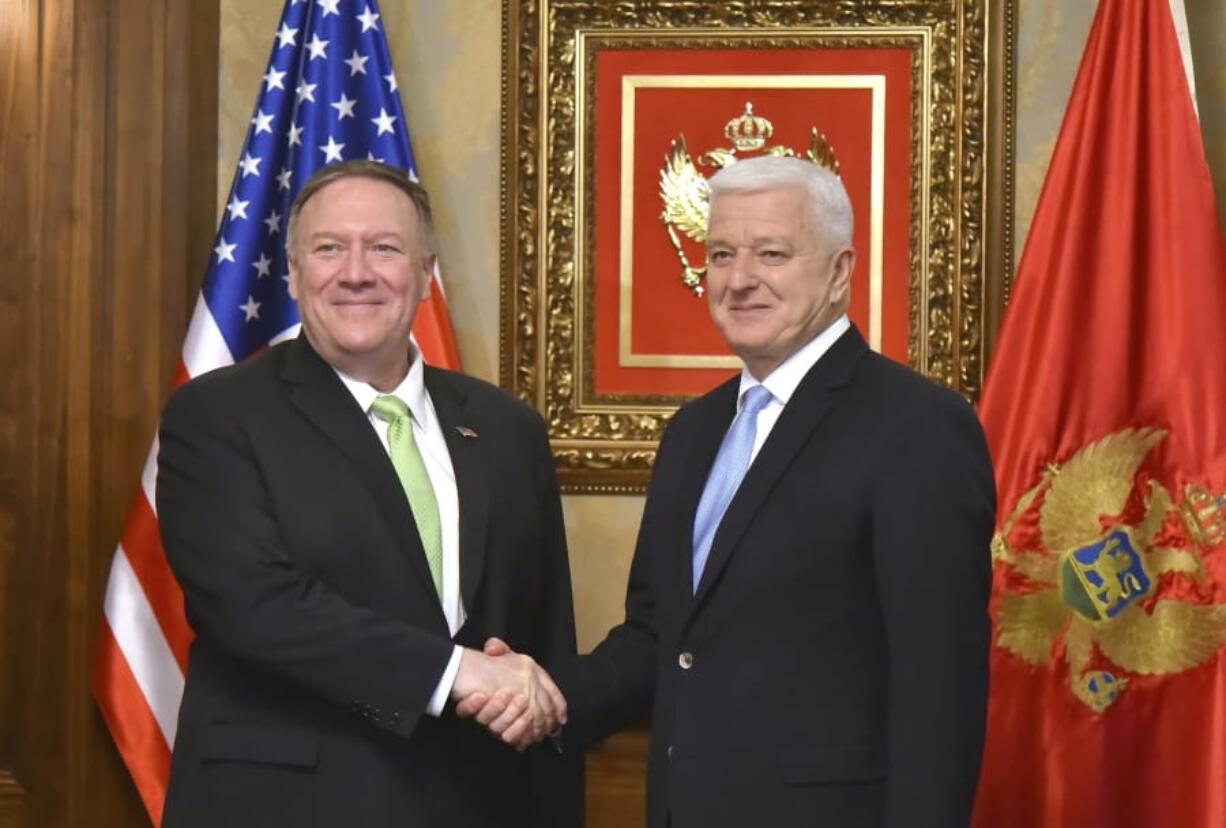 United States Secretary of State Mike Pompeo, left, shakes hands with Montenegro&#039;s Prime Minister Dusko Markovic, in Podgorica, Montenegro, Friday, Oct. 4, 2019.