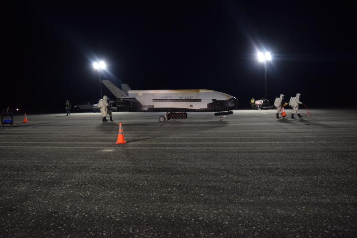 In this Oct. 27, 2019 photo released by the U.S. Air Force, the Air Force&#039;s X-37B successfully lands at NASA&#039;s Kennedy Space Center Shuttle Landing Facility on Merritt Island in Brevard County, Fla., following a record-breaking two-year mission.  (U.S.