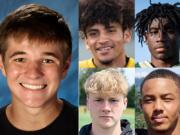 Week 5 prep football player of the week Jake Blair of Camas with other nominees (clockwise from top left) AJ Dickson of Prairie, Zyelle Griffin of Evergreen, CJ Jordan of Union, Alec Cann of Mountain View