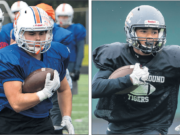 Ridgefield’s Hunter Abrams, left, and Battle Ground’s Steven Hancock know about workloads. In addition to starring on defense, they lead the region in total rushes.