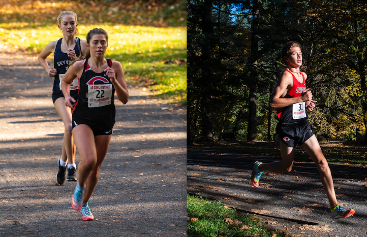 Halle Jenkins (22) and younger brother Evan Jenkins (31) each won district cross country titles for Camas on Wednesday at Lewisville Park.