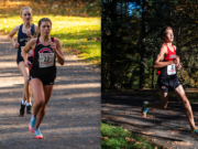 Halle Jenkins (22) and younger brother Evan Jenkins (31) each won district cross country titles for Camas on Wednesday at Lewisville Park.