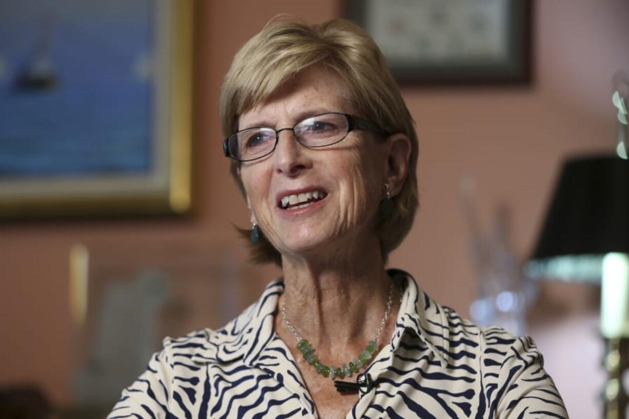 FILE - In this Tuesday, June 21, 2016 file photo, former New Jersey Gov. Christie Todd Whitman speaks during an interview at her office in her home in Tewksbury, N.J. On Tuesday, Oct. 16, 2019, Whitman said she stands by a tweet she deleted in which she compared President Donald Trump to Adolf Hitler. Whitman&#039;s tweet was in response to reports that a violent parody video depicting a likeness of Trump shooting and stabbing opponents and members of the media was played during a conference at his Miami golf resort.