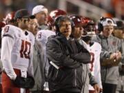 Washington State head coach Mike Leach looks on in the first half of an NCAA college football game against Utah Saturday, Sept. 28, 2019, in Salt Lake City.