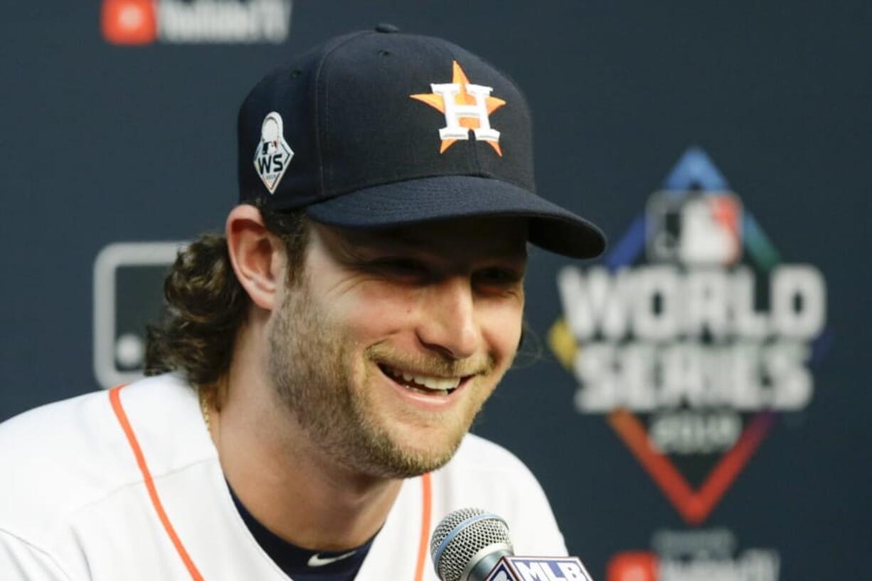 Houston Astros starting pitcher Gerrit Cole speaks during a news conference for baseball&#039;s World Series Monday, Oct. 21, 2019, in Houston. The Houston Astros face the Washington Nationals in Game 1 on Tuesday.