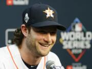 Houston Astros starting pitcher Gerrit Cole speaks during a news conference for baseball&#039;s World Series Monday, Oct. 21, 2019, in Houston. The Houston Astros face the Washington Nationals in Game 1 on Tuesday.