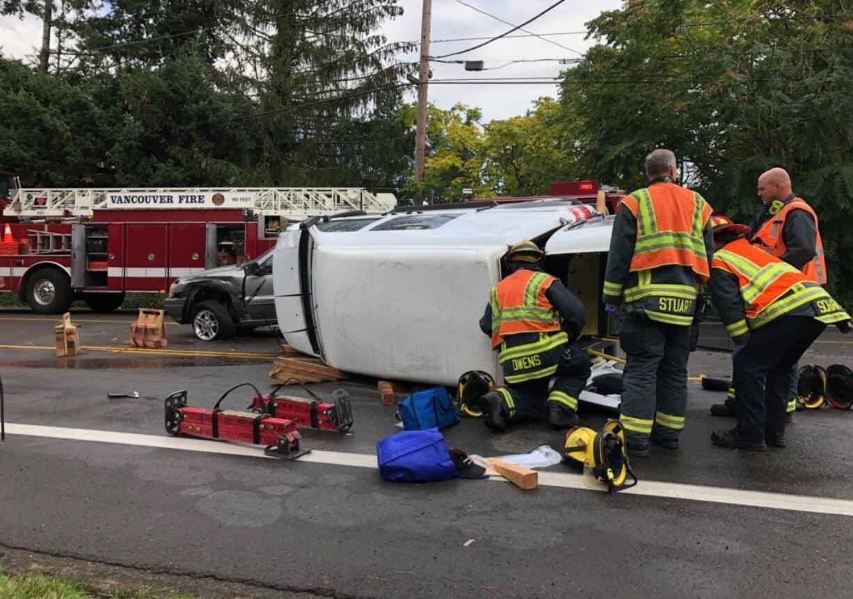 Vancouver firefighters responded to a two-vehicle crash Tuesday that involved a wheelchair-accessible van. One person was taken to the hospital with not life threatening injuries.