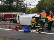 Vancouver firefighters responded to a two-vehicle crash Tuesday that involved a wheelchair-accessible van. One person was taken to the hospital with not life threatening injuries.