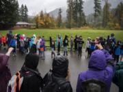 Students line up outside the cafeteria before going into lunch during the weeklong outdoor program at the Cispus Learning Center in Randle on Oct. 8.