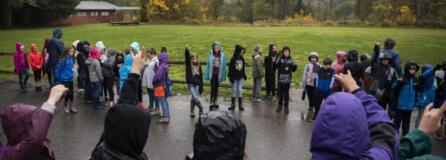 Students line up outside the cafeteria before going into lunch during the weeklong outdoor program at the Cispus Learning Center in Randle on Oct. 8.