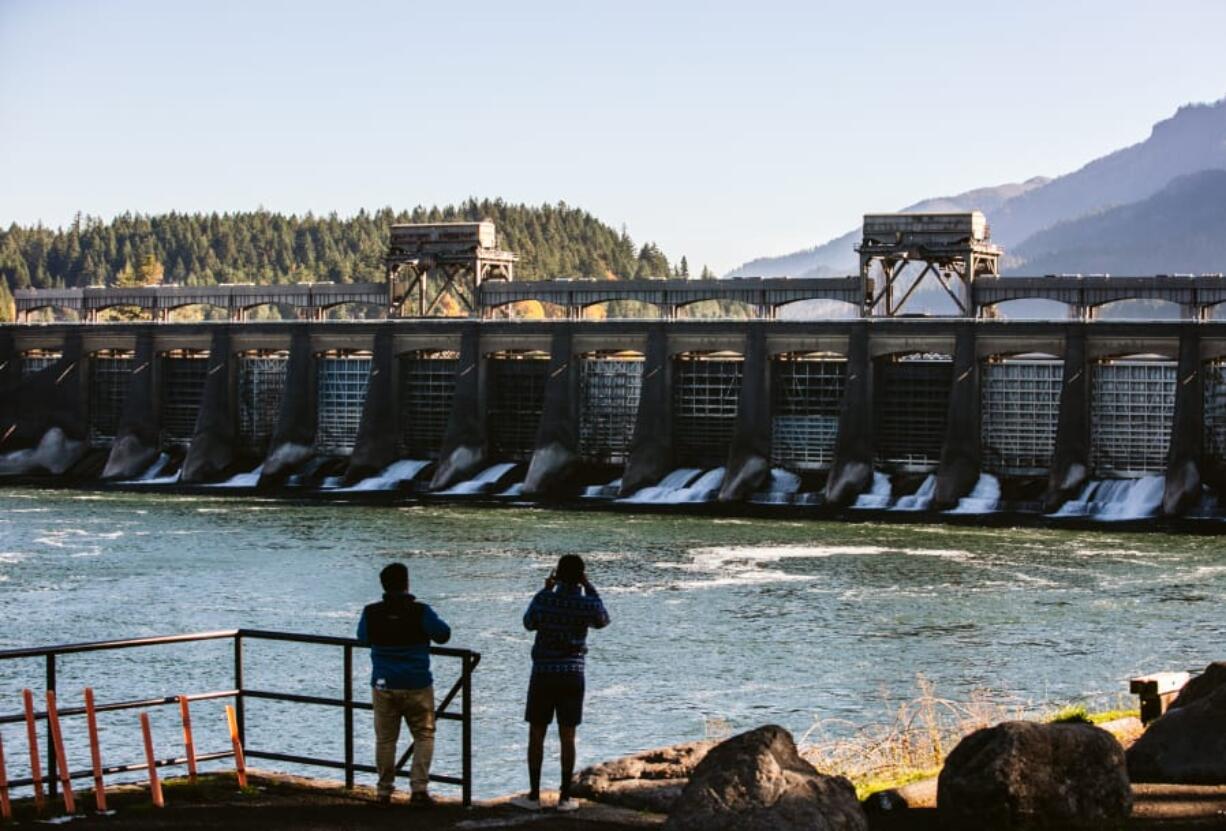 A recent photo of Bonneville Dam, looking upstream from Bradford Island.