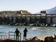 A recent photo of Bonneville Dam, looking upstream from Bradford Island.