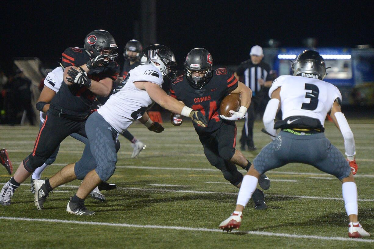 Camas running back Randy Yaacoub runs the ball against Union at Doc Harris Stadium in Camas on Friday night, November 1, 2019. Camas beat Union 28-14.