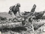 Marine Guy Wachtsletter and his dog, Tubby, participate in a training exercise. Tubby was shot and killed while serving in Guam during World War II. (U.S.