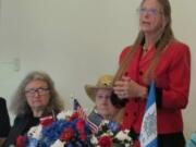 CENTRAL VANCOUVER: Barbara Hilkey, chapter regent of the Fort Vancouver Chapter of the Daughters of the American Revolution, speaks at the group&#039;s 100th anniversary luncheon Oct.