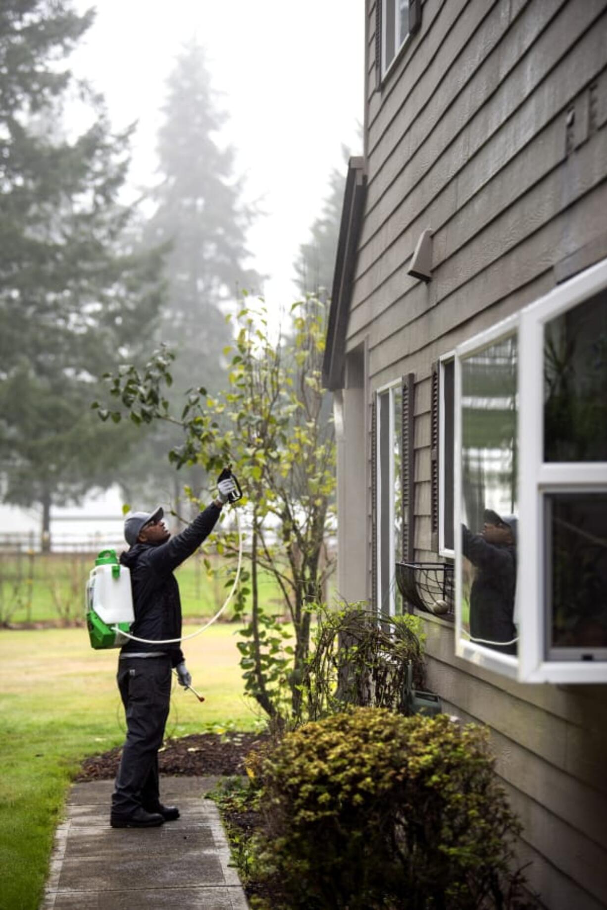 Aspen Pest Control technician David Schuck, 39, sprays insecticide to repel boxelder bugs at Janel Haring&#039;s home in Battle Ground. Schuck has worked on the job for two years, following a transition from security work. &quot;Security had its things -- I mean it was fun. But this is, you know, you aren&#039;t worried about people breaking into cars or threatening somebody. This is much more low-key,&quot; Schuck said.