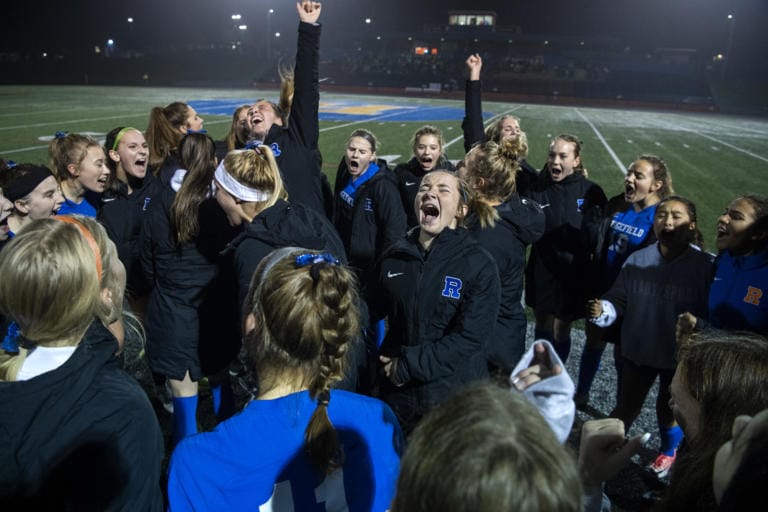 Ridgefield gets pumped up before round one of the 2A state playoffs on Tuesday in Ridgefield on Nov. 12, 2019. Ridgefield defeated Sequim 3-0.