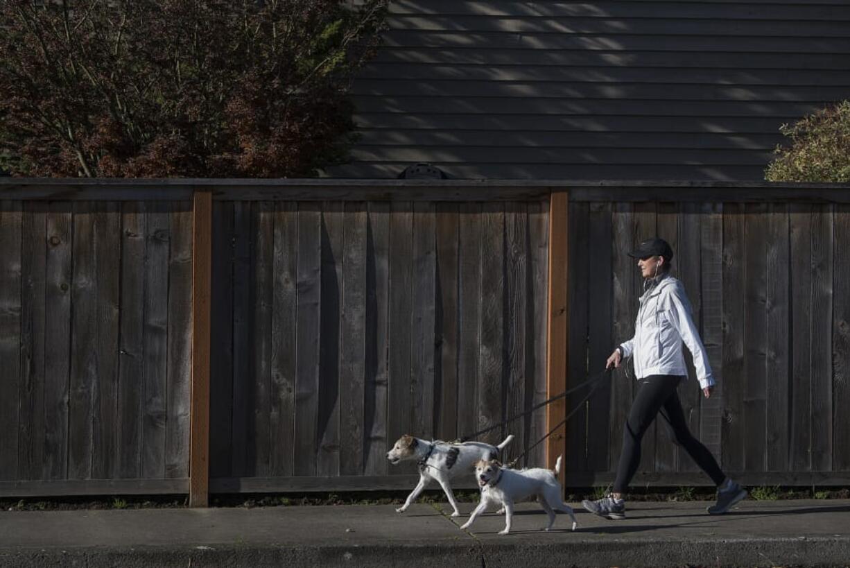 Dawn Horner of Felida, who was diagnosed with lung cancer in 2014, keeps in step with dogs Cooper, left, and Mollie, both 11, while walking near her home in Felida. Horner, who has become an advocate for those battling Stage 4 lung cancer, is organizing a lung cancer awareness run/walk for June in Portland.