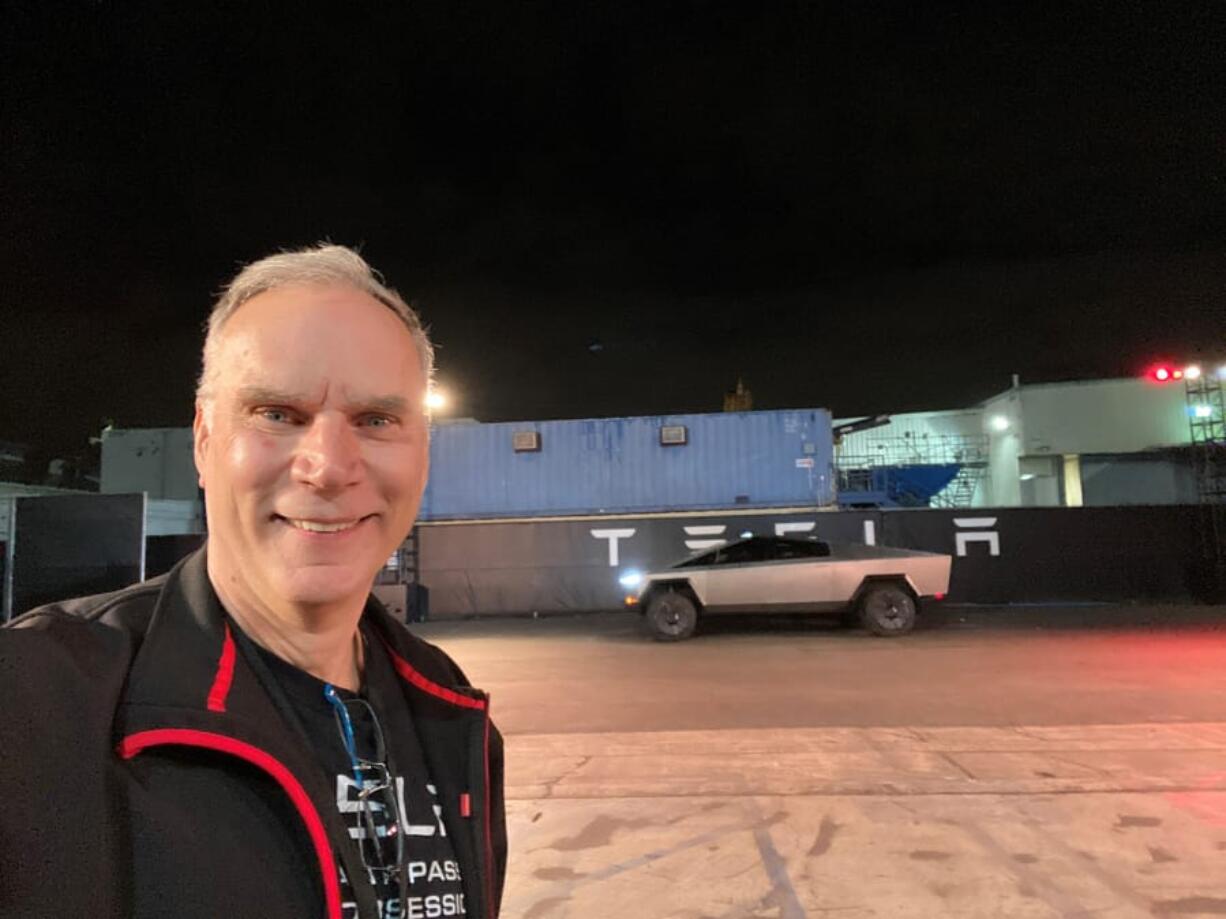 Phil Gorski of Felida takes a selfie in Hawthorne, Calif., at Tesla&#039;s Cybertruck unveiling, with the truck in the background. &quot;Some angles it&#039;s awesome! Others, not so much,&quot; he wrote in an email to The Columbian. &quot;But this is still early days and much refinement will come between now and when deliveries begin.