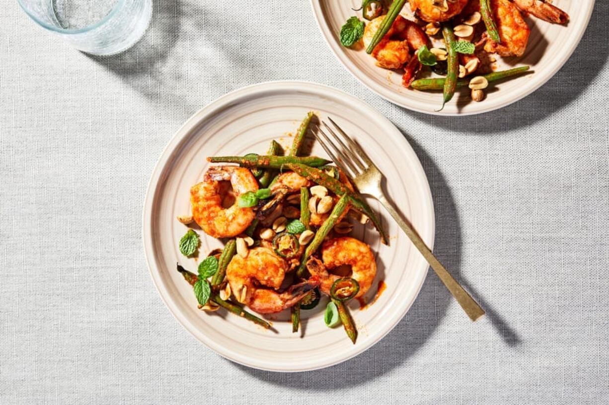 Thai-seasoned Roasted Shrimp With Green Beans, Chile, Peanuts and Herbs.