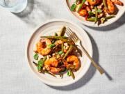 Thai-seasoned Roasted Shrimp With Green Beans, Chile, Peanuts and Herbs.