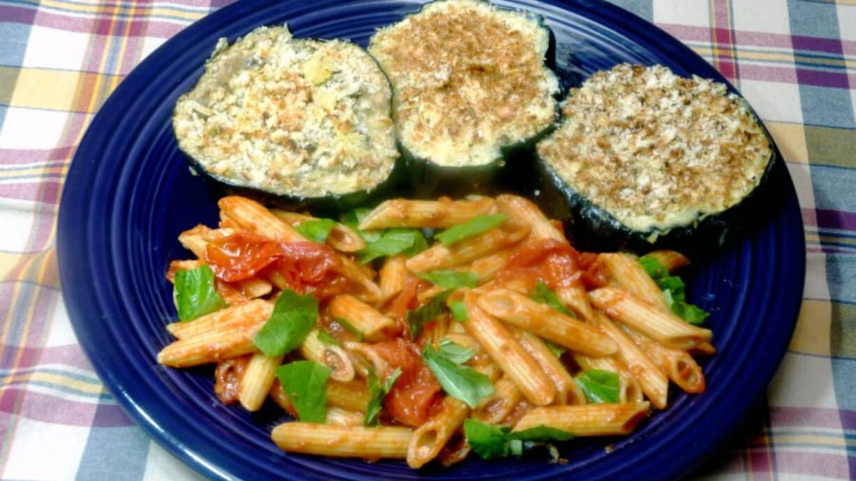 Crispy Eggplant with Penne Pasta and Garlic Tomato Sauce.