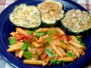 Crispy Eggplant with Penne Pasta and Garlic Tomato Sauce.