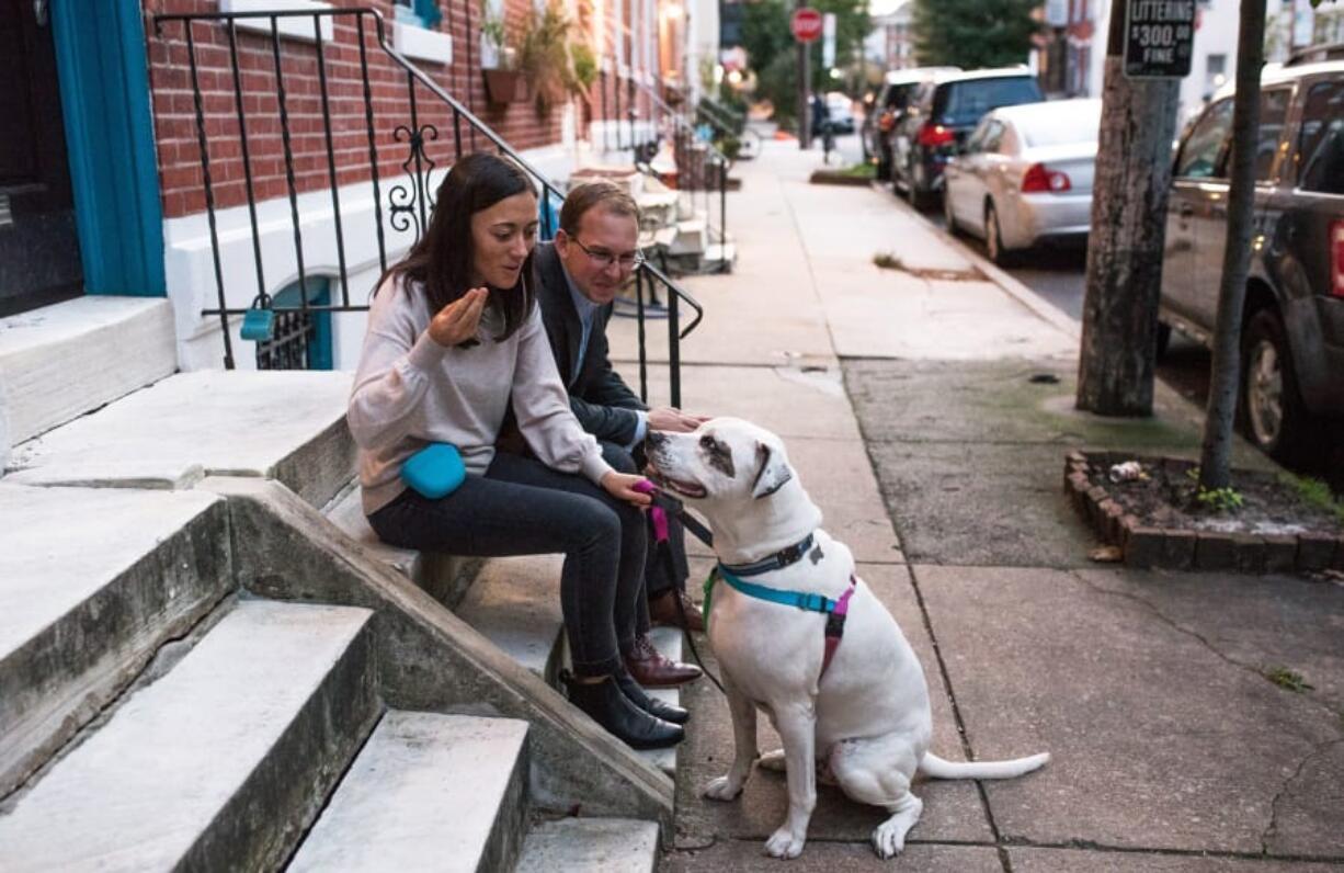 Britney Kennedy and Doug Bobrow, Bentley&#039;s new owners, feed the wide-grinning American bulldog chunks of hot dogs, his treat of choice.