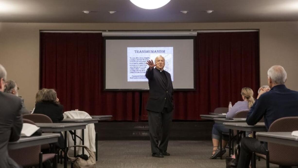 Theologian Ted Peters talks about &quot;Robotics, Artificial Intelligence, &amp; Transhumanism: Can Technology Enhance the Image of God?&quot; to a crowd of parishioners Sept. 29 at Queen Anne Lutheran Church in Seattle.