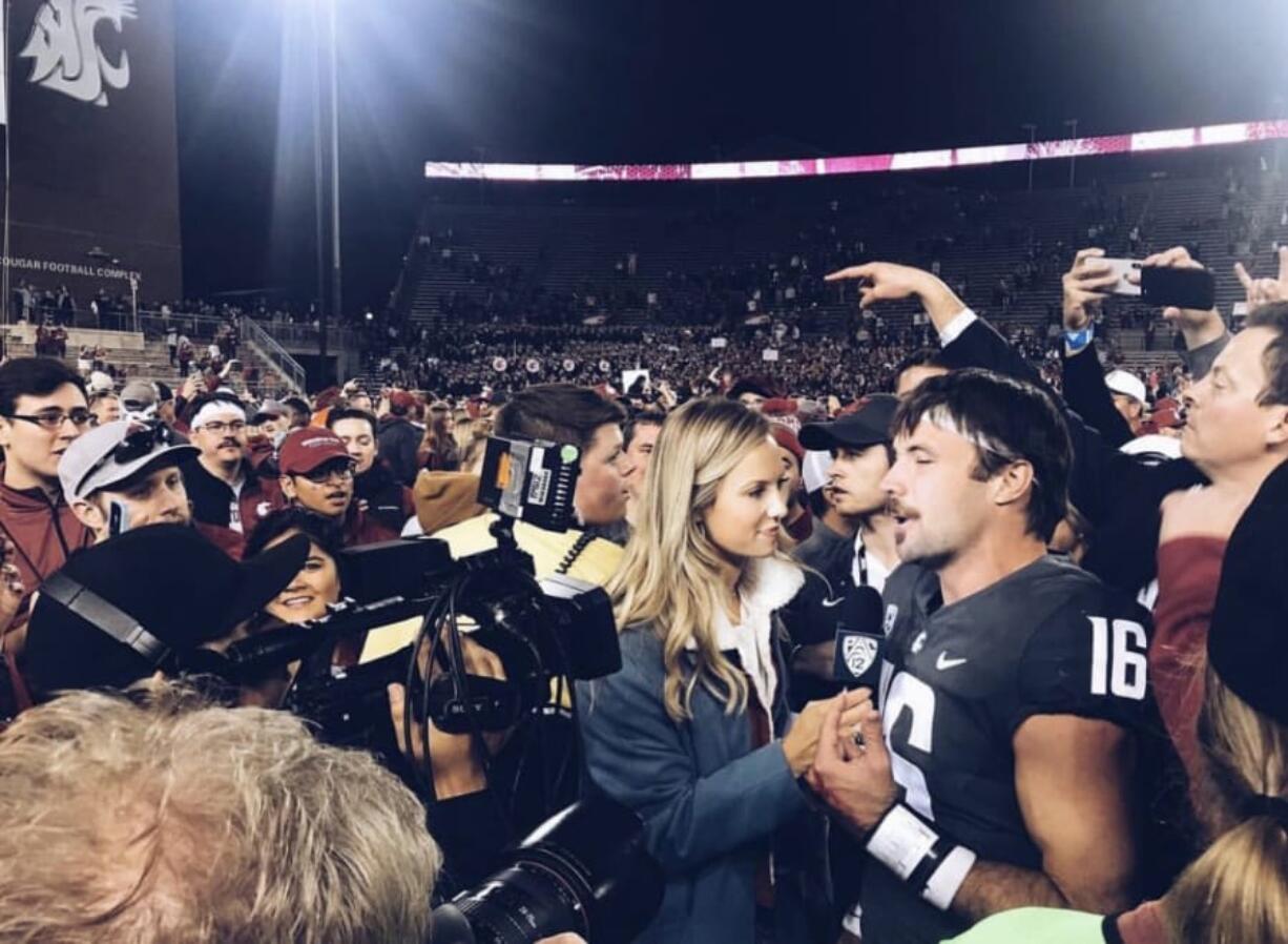 Pac-12 Network&#039;s Camryn Irwin interviews Washington State quarterback Gardner Minshew after the Cougars beat the Oregon Ducks in 2018.