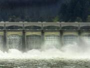 Water roils through the spillway and mist whips up the gates at Bonneville Dam in the spring of 2013.