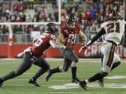 Washington State running back Max Borghi, center, rushes against Oregon State during the second half of an NCAA college football game, Saturday, Nov. 23, 2019, in Pullman, Wash. Washington State won 54-53. (AP Photo/Ted S.