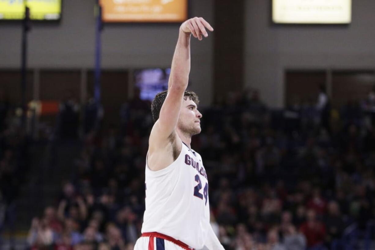 Gonzaga forward Corey Kispert (24) reacts after scoring a basket during the second half of an NCAA college basketball game against Alabama State in Spokane, Wash., Tuesday, Nov. 5, 2019.