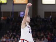 Gonzaga forward Corey Kispert (24) reacts after scoring a basket during the second half of an NCAA college basketball game against Alabama State in Spokane, Wash., Tuesday, Nov. 5, 2019.