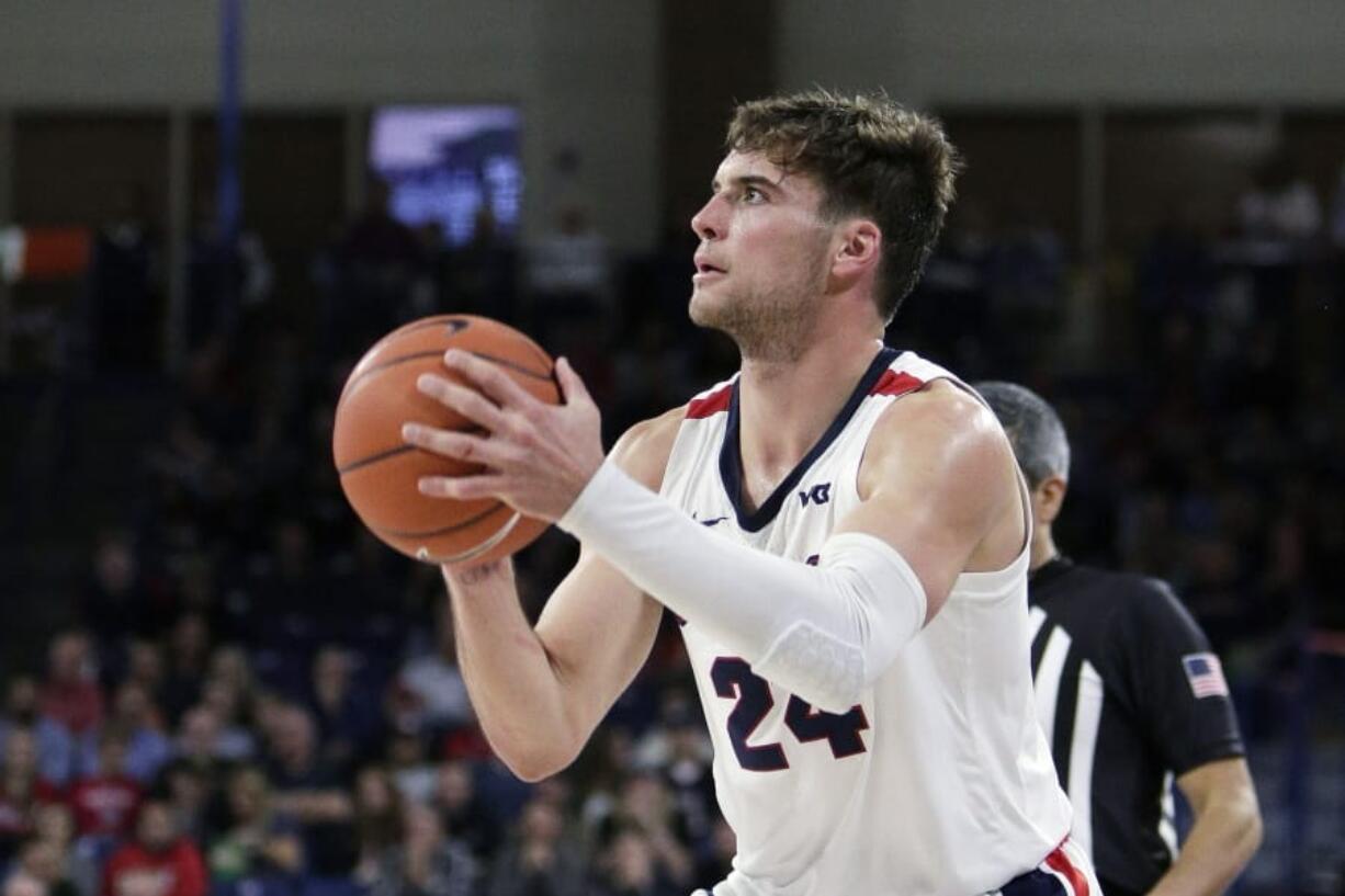 Gonzaga forward Corey Kispert (24) prepares to shoot during the second half of an NCAA college basketball game against Alabama State in Spokane, Wash., Tuesday, Nov. 5, 2019. Gonzaga won 95-64.