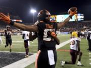 Oregon State tight end Noah Togiai celebrates after scoring a touchdown during the second half of an NCAA college football game against Arizona State in Corvallis, Ore., Saturday, Nov. 16, 2019.