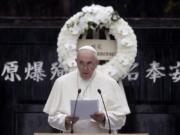 Pope Francis delivers the speech at the Atomic Bomb Hypocenter Park, Sunday, Nov. 24, 2019, in Nagasaki, Japan.