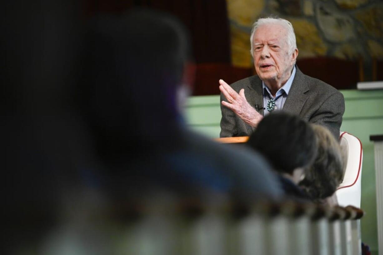 In this Sunday, Nov. 3, 2019, file photo, former President Jimmy Carter teaches Sunday school at Maranatha Baptist Church, in Plains, Ga. Nearly four decades after he left office and despite a body that&#039;s failing after 95 years, the nation&#039;s oldest-ever ex-president still teaches Sunday school roughly twice monthly at the church.