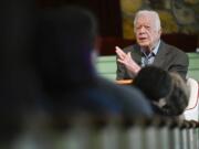 In this Sunday, Nov. 3, 2019, file photo, former President Jimmy Carter teaches Sunday school at Maranatha Baptist Church, in Plains, Ga. Nearly four decades after he left office and despite a body that&#039;s failing after 95 years, the nation&#039;s oldest-ever ex-president still teaches Sunday school roughly twice monthly at the church.