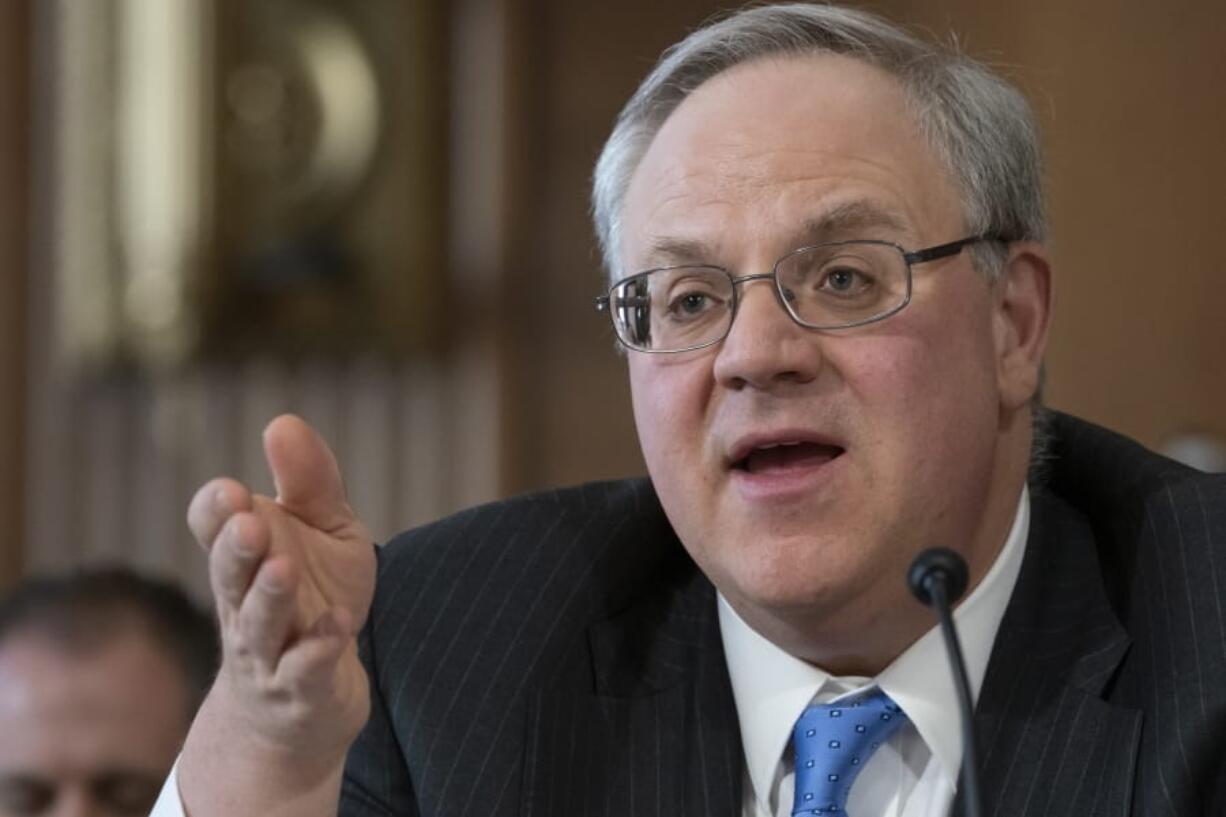 FILE - In this March 28, 2019, file photo, David Bernhardt speaks before the Senate Energy and Natural Resources Committee at his confirmation hearing to head the Interior Department, on Capitol Hill in Washington. The Interior Department is proposing to award a contract for federal water in perpetuity to a water district that long employed Bernhardt.  (AP Photo/J.