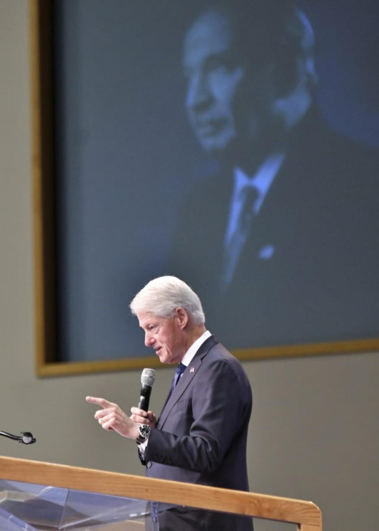 Former U.S. President Bill Clinton speaks at the funeral of Congressman John Conyers Jr. at Greater Grace Temple in Detroit on Monday, Nov. 4, 2019.