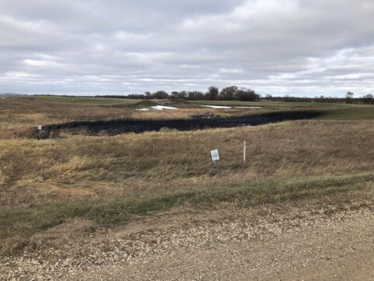 This Wednesday, Oct. 30, 2019 photo provided by the North Dakota Department of Environmental Quality shows affected land from a Keystone oil pipeline leak near Edinburg, North Dakota. Regulators said TC Energy&#039;s Keystone pipeline leaked an estimated 383,000 gallons of oil in northeastern North Dakota, though the cause was still under investigation.