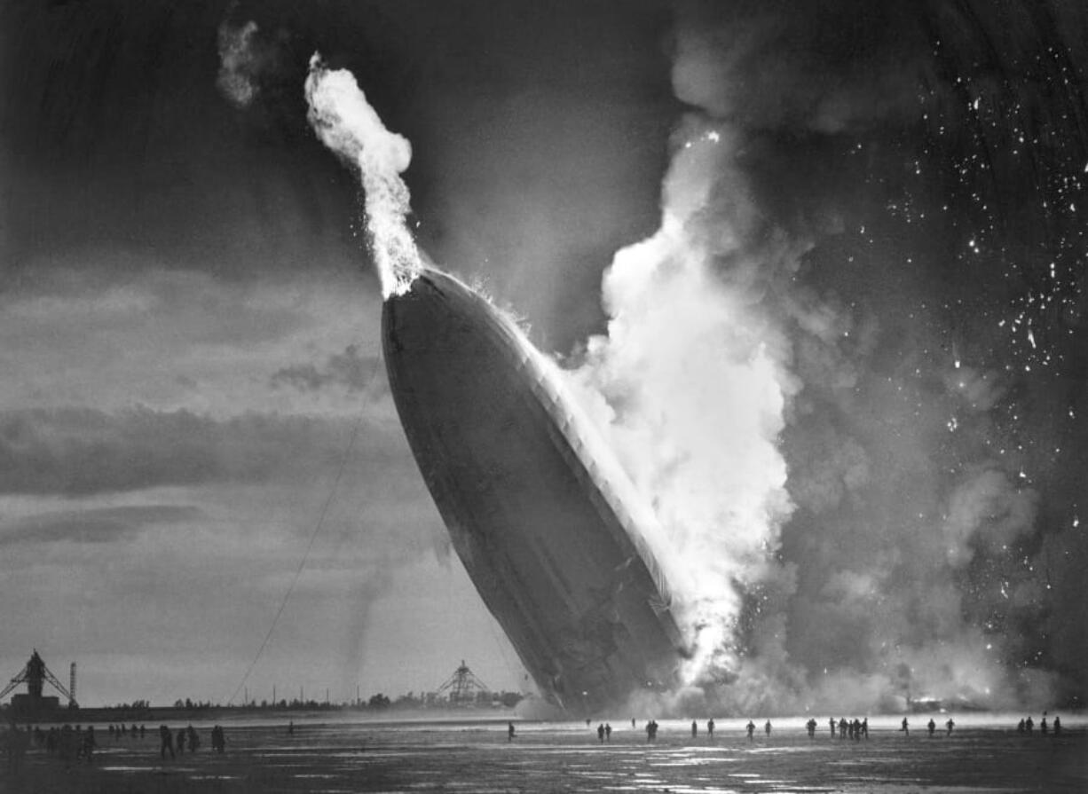 The German dirigible Hindenburg crashes to earth in flames after exploding at the U.S. Naval Station in Lakehurst, N.J. on May 6, 1937.