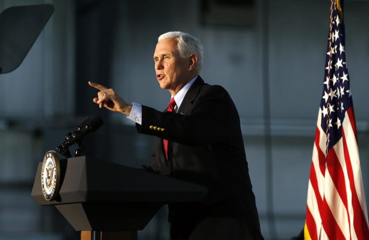 Vice President Mike Pence speaks about the U.S.-Mexico-Canada Agreement as part of an America First Policies series at Patriot Industries in Louisa, Va., on Saturday, Nov.