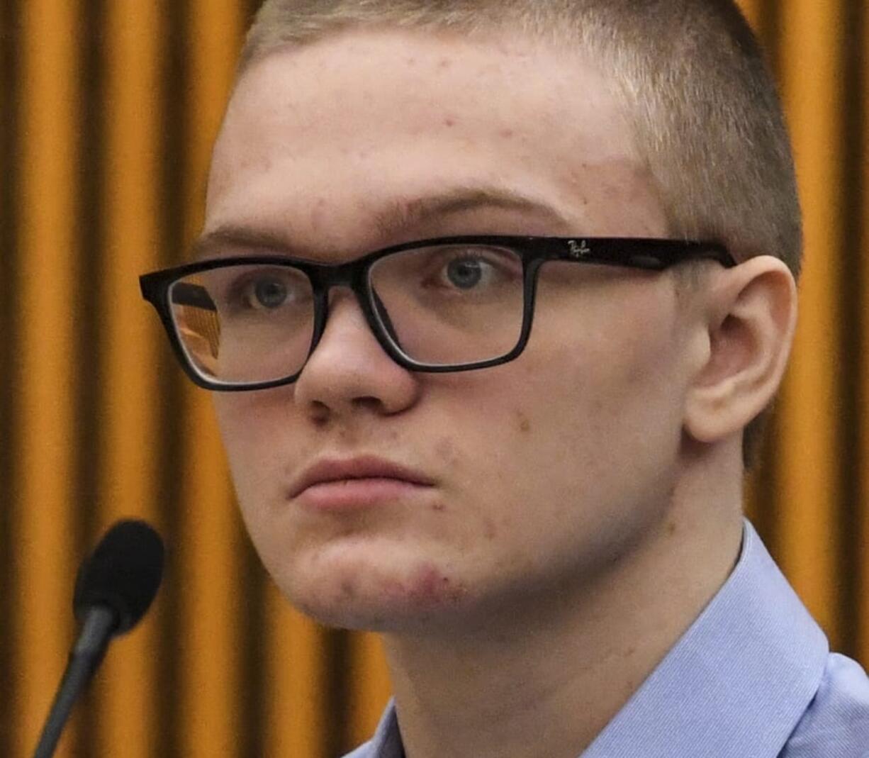 Jesse Osborne, left, watches during a special hearing before a judge, who will decide the 17-year-old&#039;s sentence, Tuesday, Nov. 12, 2019, in Anderson, S.C. Osborne pleaded guilty last year to two counts of murder for killing the boy at Townville Elementary School and shooting his father three times in the head so he could steal a pickup truck to get to his old school in September 2016.