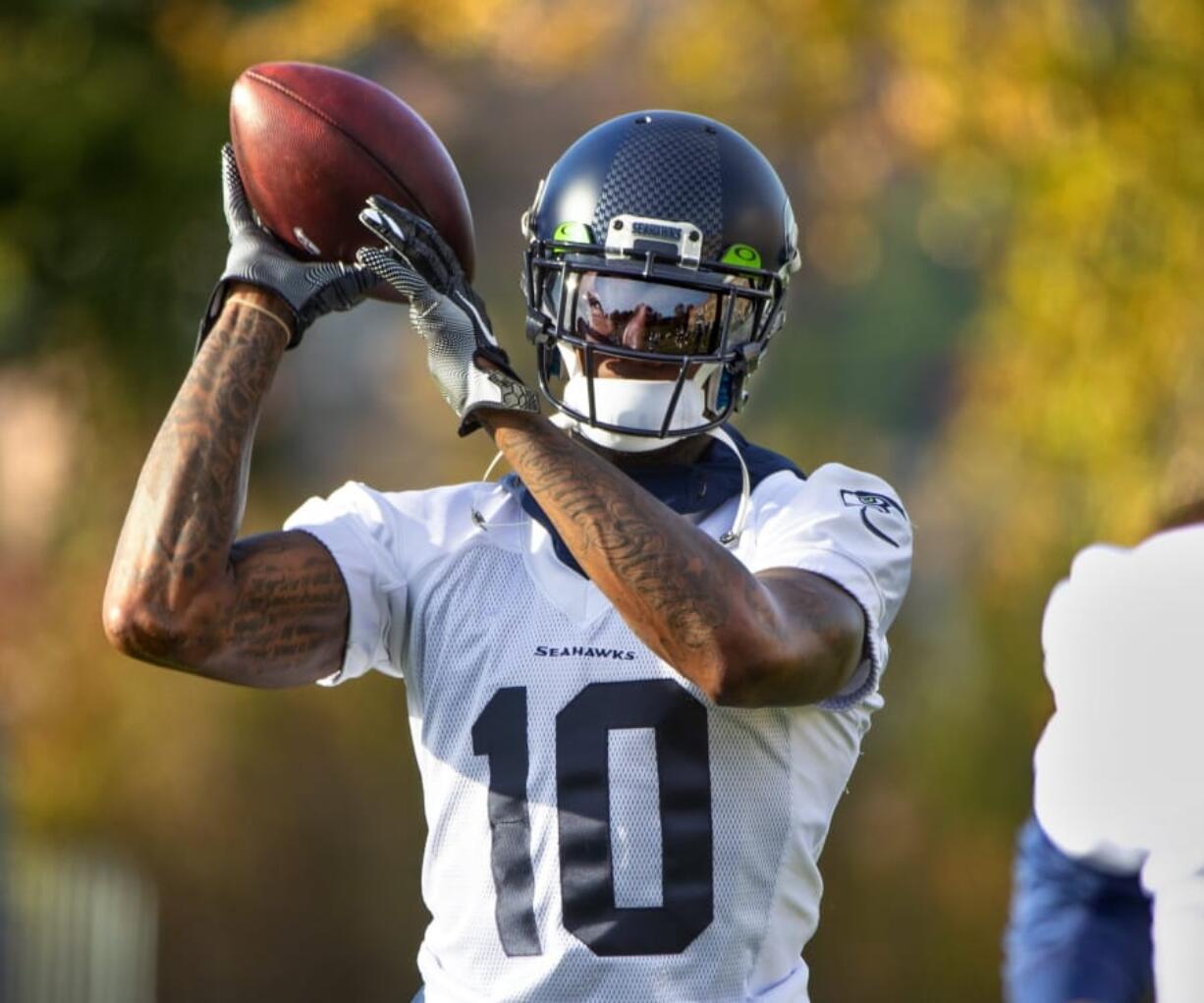 Seattle Seahawks receiver Josh Gordon works out with the NFL football team in Renton, Wash., Thursday, Nov. 7, 2019.