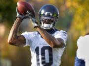 Seattle Seahawks receiver Josh Gordon works out with the NFL football team in Renton, Wash., Thursday, Nov. 7, 2019.