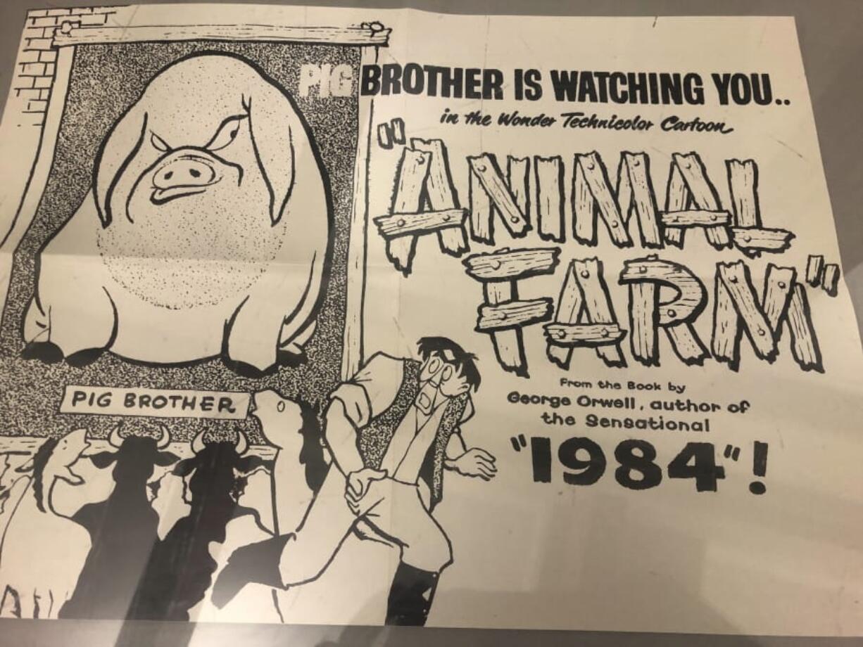 A poster promoting a cartoon version of George Orwell&#039;s novel &quot;Animal Farm&quot; is part of an exhibit in Albuquerque, N.M., celebrating the author&#039;s legacy.