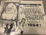 A poster promoting a cartoon version of George Orwell&#039;s novel &quot;Animal Farm&quot; is part of an exhibit in Albuquerque, N.M., celebrating the author&#039;s legacy.