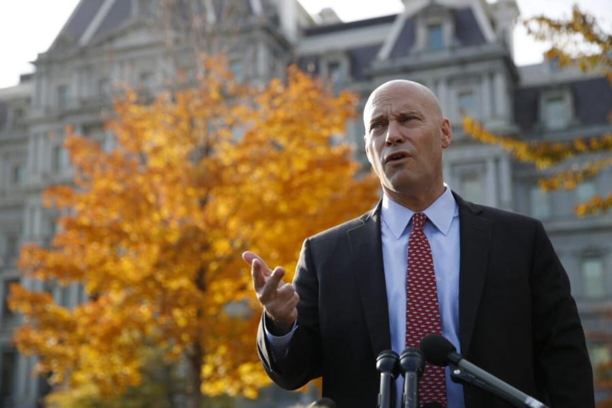 Marc Short, chief of staff to Vice President Mike Pence, speaks with members of the media outside the White House, Tuesday, Nov. 19, 2019, in Washington.